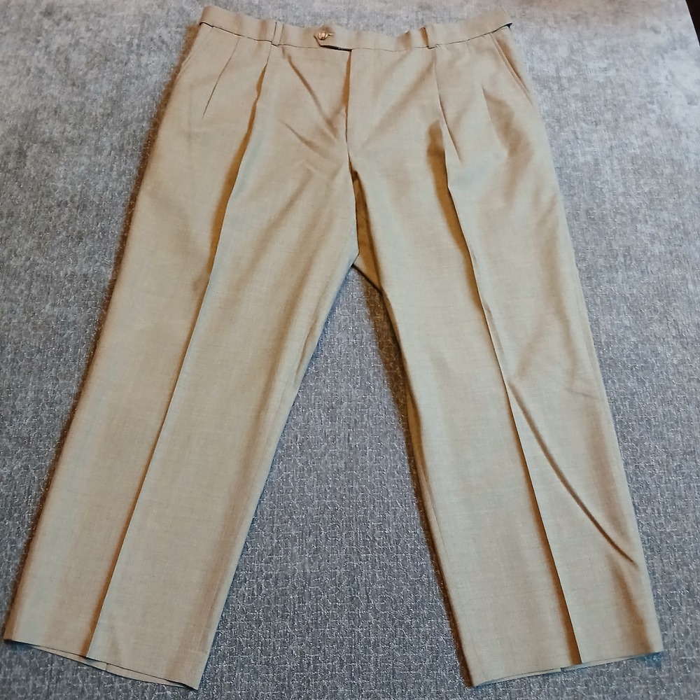 Lands End Mens 40x28 Wool Pleated Dress Pants Tan Traditional Fit Trousers Brown